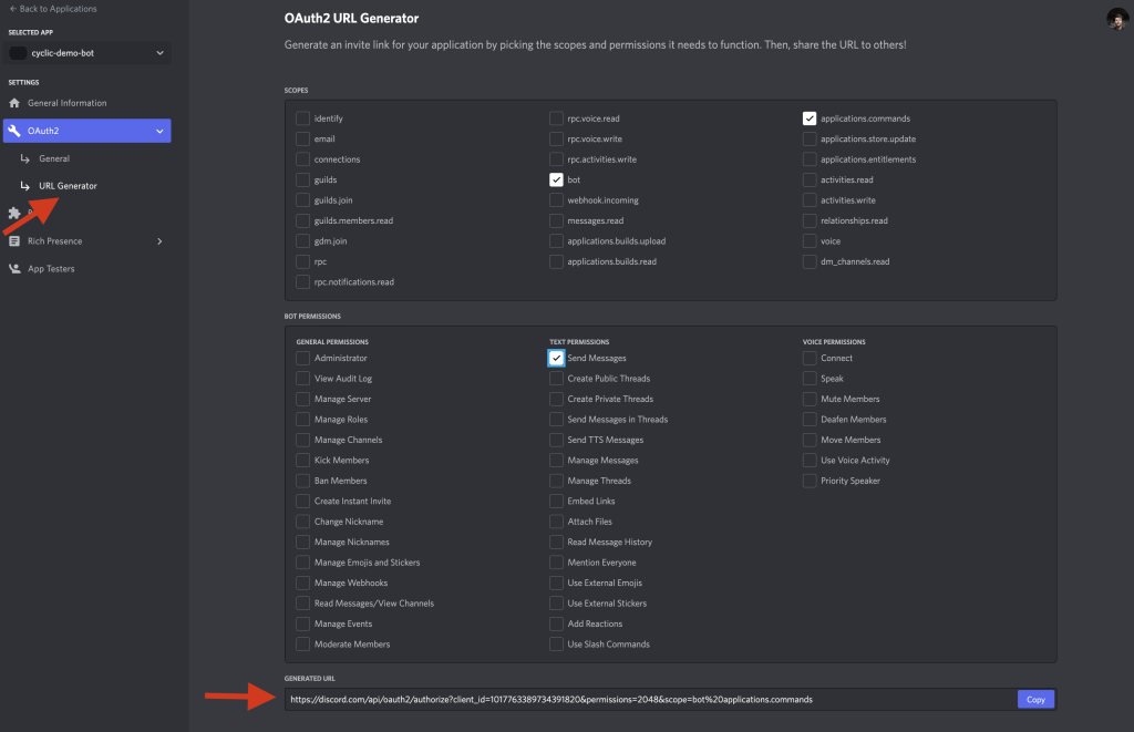 discord botの権限の設定、招待URLの作成